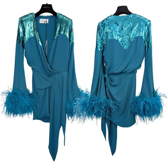 NWT Nervi Pami Teal Mini Dress with Sequin & Ostrich Feather Cuffs - Picture 2 of 10